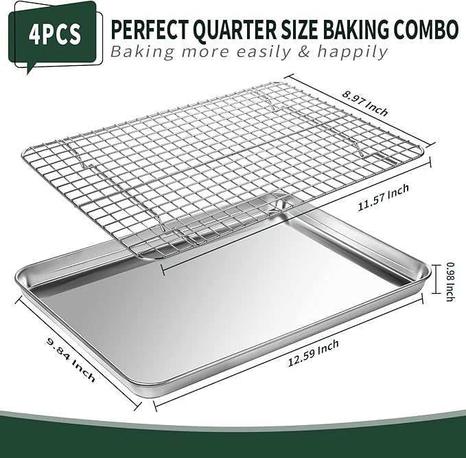 Quarter Sheet Pan with Cooling Rack Set [2 Baking Sheets + 2 Baking Racks], CEKEE Stainless Steel Cookie Sheets for Baking and Wire Rack - Rust & Warp Resistant & Nonstick, Size 12 x 9.8 x 1 Inch - Image 2