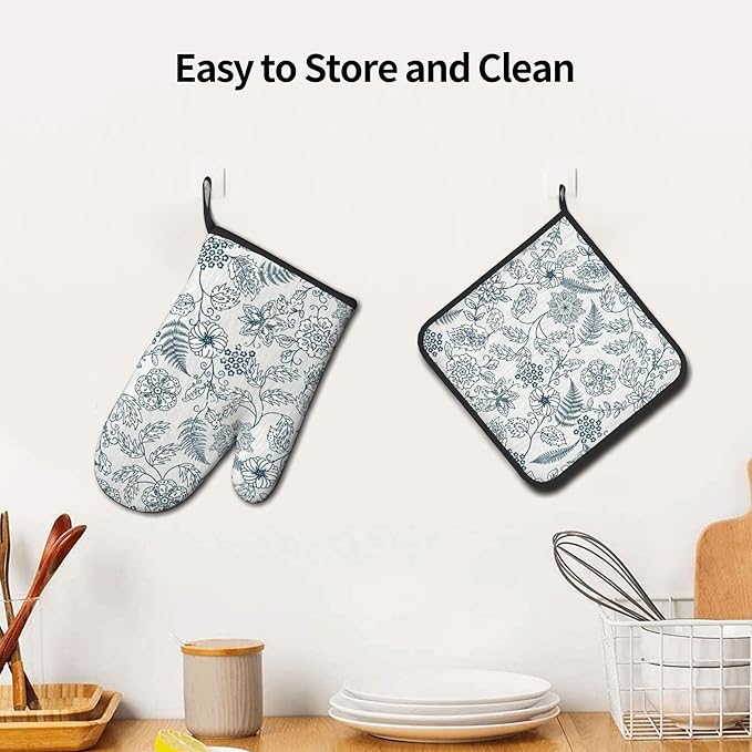 Blue Floral Oven Mitts Set – Vintage Pot Holders Kitchen Gloves for Women Teal Plant Kitchen Mitts Potholders Set of 2 for Cooking & Baking - Image 6