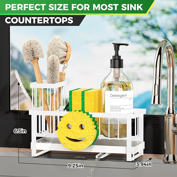 Sponge Holder for Kitchen Sink,Sink Caddy with Removable Dish Brush Holder,Self-Draining Kitchen Countertop Organizers and Storage Essentials,Soap Dispenser Organize and Home Decor-White - Image 2