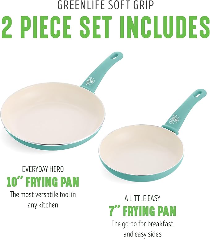 GreenLife Non Stick Fry Pan Set 7" & 10", Non-Toxic PFAS-Free Ceramic Skillet, Dishwasher & Oven Safe, Egg Omelet Frying Pan, Stay- Cool Handles, Kitchen Home Cooking Essentials, Turquoise (Pack of 2) - Image 3
