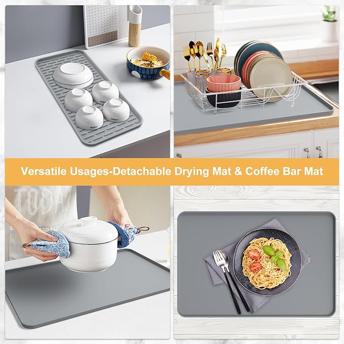 Silicone Coffee Mat, 24'' x 16'' Bar Mat with Detachable Dish Drying Mat for Countertops, Fits Under Coffee Maker, Machine, Espresso Machine, Dish Rack - Image 8