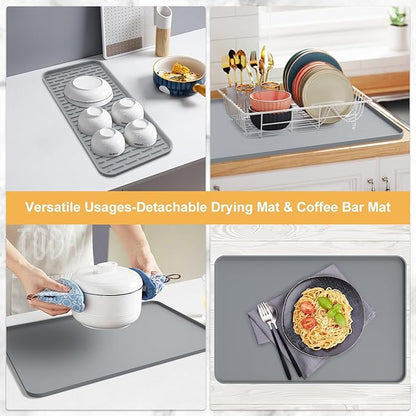 Silicone Coffee Mat,16'' x 16'' Coffee Bar Mat with Detachable Dish Drying Mat for Kitchen Countertops,Coffee Bar Accessories Fit Under Coffee Maker Coffee Machine Espresso Machine Dish Rack - Image 8