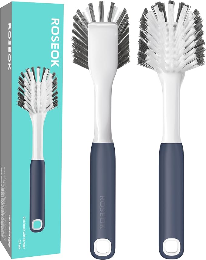 ROSEOK Dish Brush with Built-in Scraper,Kitchen Scrub Brush for Cleaning Dishes,Pots,Non-Stick Pans and Sinks,Navy Blue,2 Pack - Image 9