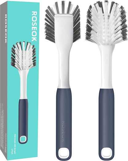 ROSEOK Dish Brush with Built-in Scraper,Kitchen Scrub Brush for Cleaning Dishes,Pots,Non-Stick Pans and Sinks,Navy Blue,2 Pack - Image 9