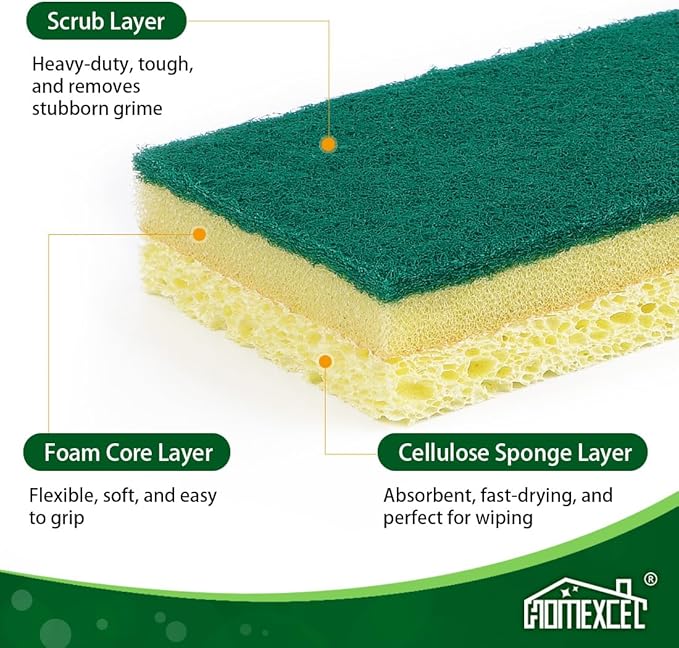 HOMEXCEL Sponges Kitchen 12pcs, Heavy Duty Sponges for Dishes, Scrub Cleaning Sponge for Non-Coated Cookware, Dishes, Pots, Pans, Dual Sided Dish Sponge for Kitchen, Household, Bathroom and More - Image 2