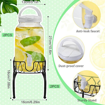 Tanlade 2 Pcs Plastic Drink Dispenser with Stand Beverage Dispenser with Sturdy Metal Base Juice Jar for Parties Lemonade Jar Spigot for Weddings Countertop Water, Each 1 Gallon(White)