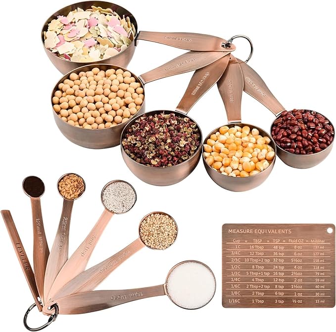 Measuring Cups and Spoons Set, 12 Pieces Stainless Steel Measuring Cup Set, Metal Copper Measuring Cups Spoons, Dry & Liquid Kitchen Measure Cup Spoon & Leveler & Measure Equivalents - Image 2