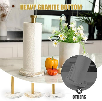Koville Paper Towel Holder Countertop, Standing Paper Roll Holder with 6" Weighted Marble Base, Stone Paper Towel Holder with Gold Stainless Steel Rod for Kitchen Bathroom((Arabescato Doro)