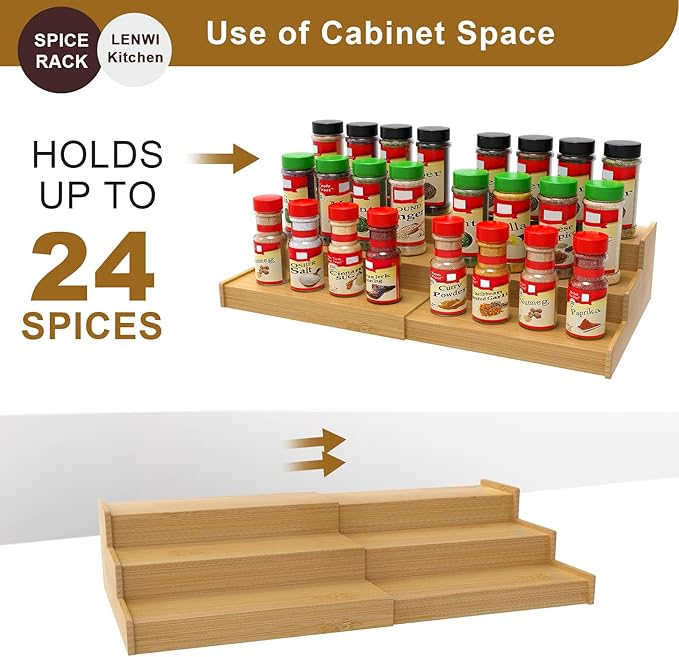 Lenwi Spice Rack Organizer for Cabinet, 3 Tier Expandable Bamboo Spice Storage for Kitchen Cupboard Pantry - Image 7