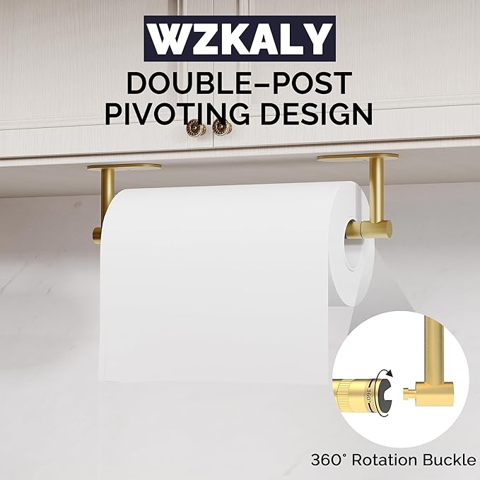 Paper Towel Holder Under Cabinet, Self Adhesive or Wall Mounted SUS304 Stainless Steel Paper Towel Holder for Kitchen, Farmhouse, Barbecue and Laundry (Brushed Gold) - Image 4