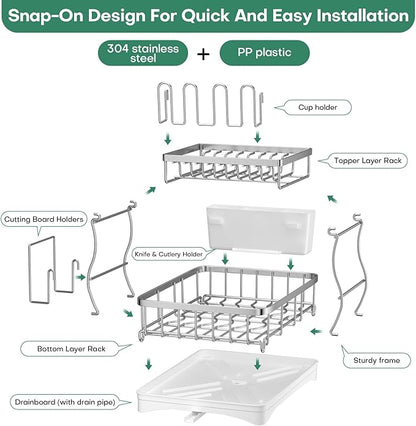 2 Tier Dish Drying Rack,Stainless Steel Dish Rack For Storing Knife Fork Pots&Pans,Dish Drying Rack With Drain Tray For Kitchen Countertops/Sinks,Silver Tiered Dish Rack With Retractable Drain Outlet