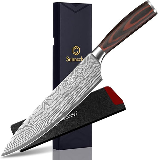 Sunnecko 8 Inch Chef Knife, Professional Japanese Style Kitchen Knife for Meat Vegetable Cutting, Ultra Sharp High Carbon Stainless Steel Blade, Ergonomic Pakkawood Handle & Sheath, Cooking Gift Box