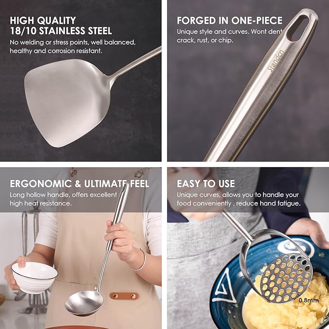 18/10 Stainless Steel Kitchen Utensils Set - 12 PCS All Metal Cooking Tools & 15″ Serving Utensils - Potato Masher, Meat Fork, Tongs, Turner, Pasta, Serving Spoon, Skimmer, Ladle, Spatula Spoon Set - Image 4
