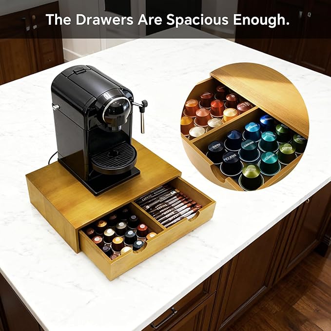 Coffee Pod 15" X 11" X 3" Natural Wood Countertop Organizer Drawer, Counter Top Espresso Tea Bag Station Storage Holder Box, Brown - Image 7