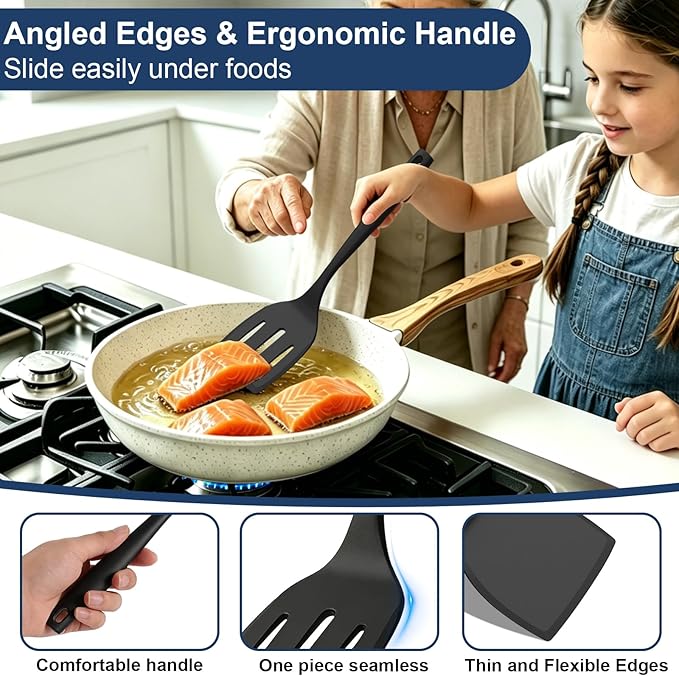 Silicone Spatula Turner, 600°F Heat Resistant Spatulas for Cooking, BPA Free, Flexible Rubber Kitchen Utensils Set Flipper for Eggs, Pancakes, Fish, Burgers, Dishwasher Safe (5 Pack, Black) - Image 3