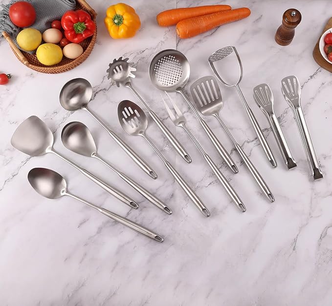 18/10 Stainless Steel Kitchen Utensils Set - 12 PCS All Metal Cooking Tools & 15″ Serving Utensils - Potato Masher, Meat Fork, Tongs, Turner, Pasta, Serving Spoon, Skimmer, Ladle, Spatula Spoon Set - Image 8