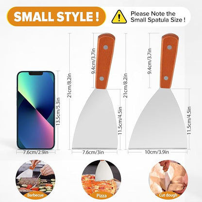 Small Flat Metal Spatula Scraper Set,2 Pcs Stainless Steel Dough Food Scraper Kitchen Tool, Griddle Grill Scrapers for Flat Tops Pancake Pizza Burgers Cooking Cutting Flipping Cleaning, Slant Edge