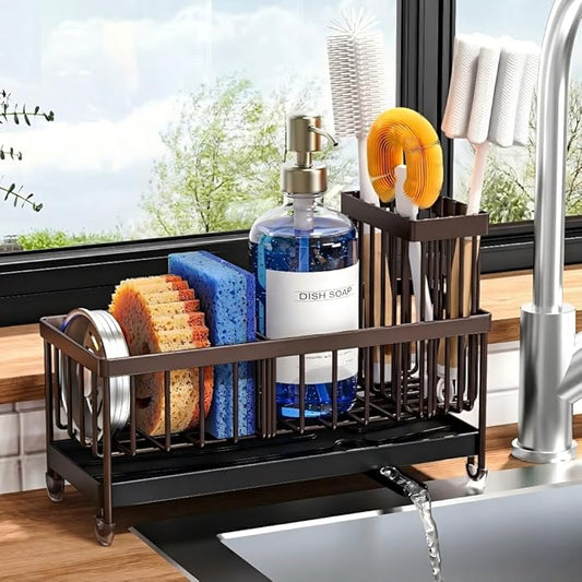 Cisily Brown Sponge Holder for Kitchen Sink, Sink Caddy Organizer with High Brush Holder, Kitchen Countertop Organizers and Storage Essentials, Rustproof 304 Stainless Steel, Soap Dispenser Organize by CISILYHOMELIFE