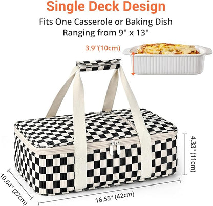 Insulated Casserole Carrier for Hot or Cold Food,Pie Carrier Bag Lunch Bag Tote for Potluck Parties/Picnic/Cookouts, Fits 9"x13" Baking Dish,Corduroy Black Checkered