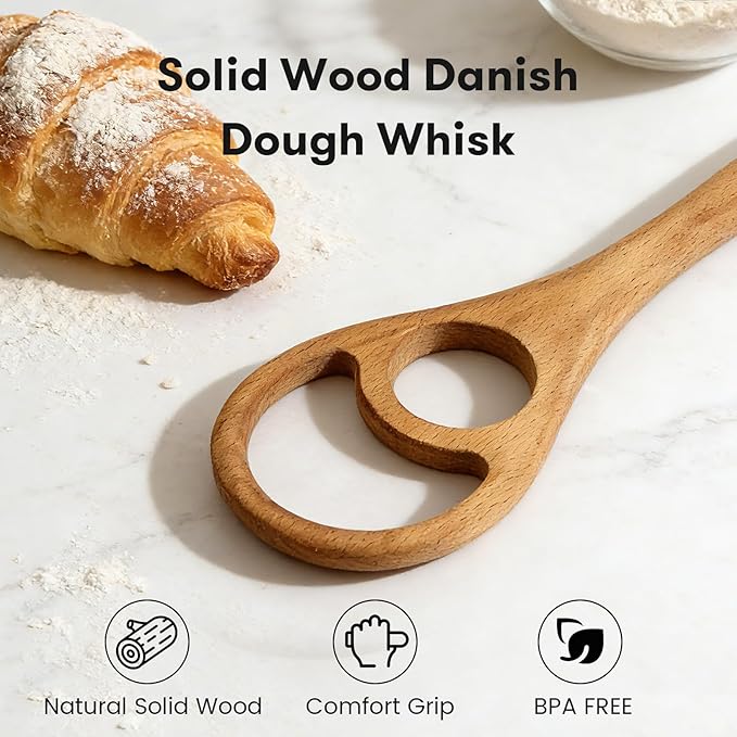 Wooden Danish Dough Whisk - 12.6" Handcrafted Dutch Bread Whisk for Batter, Pizza Dough & Baking - Upgraded One-Piece Sourdough Whisk with Flow-Through Design-2 Pack - Image 2