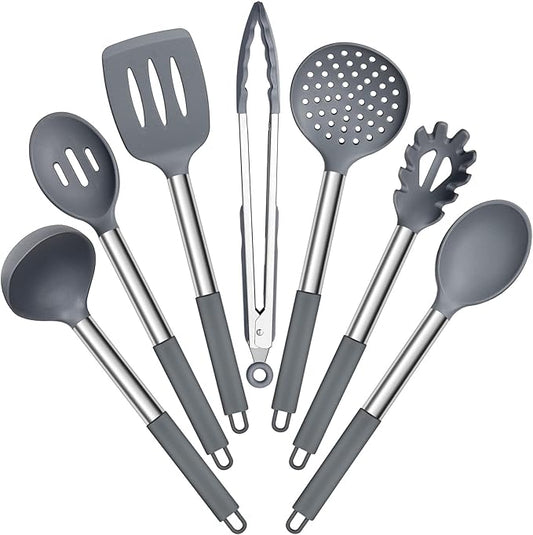 E-far Silicone Cooking Utensils Set, 7 Pcs Heat Resistant Kitchen Utensils with Stainless Steel Handle, Slotted Turner, Spoon, Soup Ladle, Pasta Server, Skimmer, Tongs for Nonstick Cookware, Gray by E-far