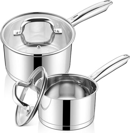 LIANYU Stainless Steel Saucepan Set of 2, 1QT & 3QT Sauce Pan with Lid, Tri-Ply Bottom Milk Pot, All Stove Compatible, Oven & Dishwasher Safe