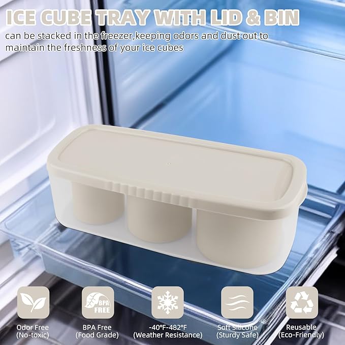 Tcamp Tumbler Ice Mold, Ice Cube Tray for 30 oz -40 oz Tumbler Cup, 3 Pcs Silicone Hollow Cylinder Ice Mold with Lid and Bin for Freezer, Ice Drink, Juice, Whiskey, Cocktail (White)