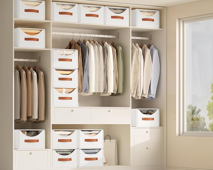 Homsorout Stackable Storage Drawers - Collapsible Storage Bins with Drawers, 4 Pack Closet Shelf Organizer Basket, Fabric Pull Out Organizer for Bedroom, Living Room, Dorm, White