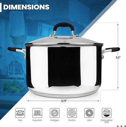 AVACRAFT Stainless Steel Stockpot with Glass Strainer Lid, 6 Quart Stock Pot, Soup & Saucepan Cookware, Side Spouts, Multipurpose, Induction Pan, (5-Ply Capsule Bottom, 6QT)
