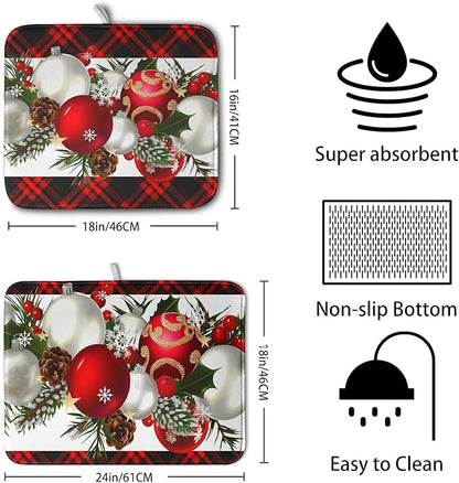 Christmas Red Buffalo Plaid Dish Drying Mat for Kitchen Counter 16x18 Inch Winter Xmas Ball Snowflake Pine Cones Dishes Drying Mat Microfibe Super Absorbent Dish Rack Pad for Coffee Bar Sinks - Image 2
