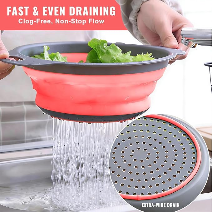 2 Pack Collapsible Silicone Colander with Handle, Over Sink Foldable Food Strainer, BPA-Free Space Saving Drain Basket for Vegetables, Fruits, Pasta, Kitchen & Camping (Red) - Image 2