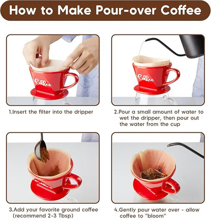 Pour Over Coffee Maker, Ceramic Pour Over Coffee Dripper, Manual Brew Maker, Red Kitchen Decor and Accessories, Single Cup Porcelain Slow Brewing Accessories for Cafe Coffee Bar
