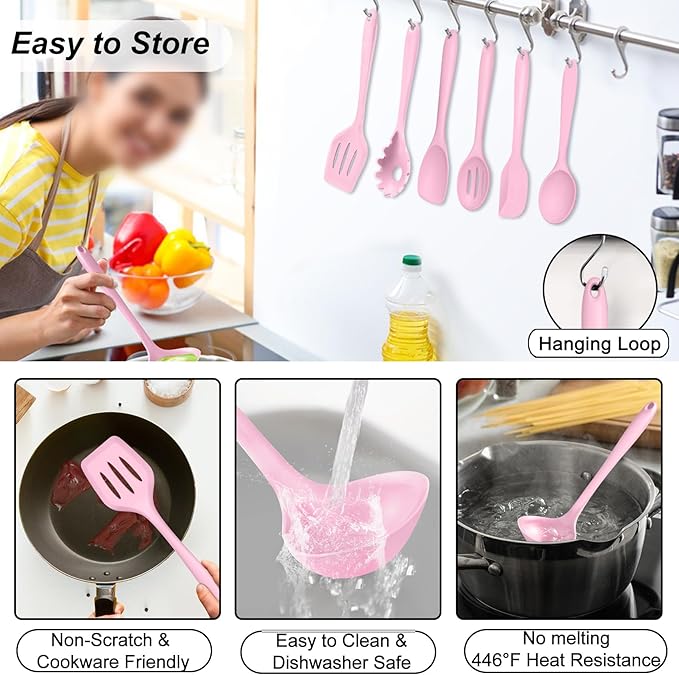 TeamFar Silicone Cooking Utensil Set of 7, Kitchen Nonstick Tools Turner Spoon Spatula Ladle Pasta Server for Nonstick Cookware, Healthy & One-Piece, Anti-Heat & Dishwasher Safe - Pink - Image 3