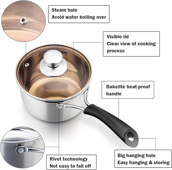P&P CHEF 2 Quart Saucepan Small Pot, Stainless Steel Saucepan with Lid, Small Sauce Pan for Home Kitchen Restaurant Cooking, Visible Glass lid & Bakelite Heat-Proof Handles,Dishwasher Safe, 1 Pc - Image 2