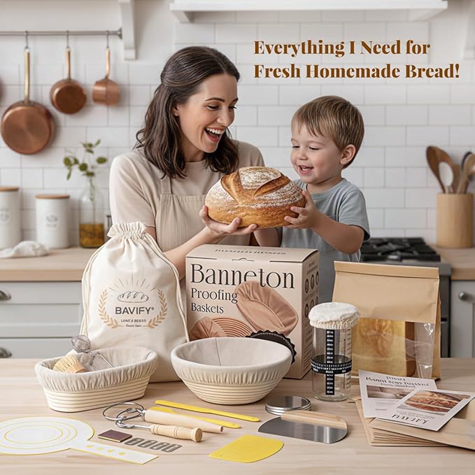 Sourdough Starter Kit, Banneton Bread Proofing Baskets Set, Sourdough Bread Baking Supplies Making Tools with Dough Scraper, Whisk, Bread Lame, Recipe - Image 6
