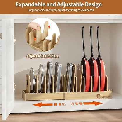 Housolution Bamboo Pot and Pan Organizer for Cabinet, 15"-29" Expandable Pot Lid Organizer with 10 Adjustable Dividers, Pan Holder Storage Rack with Solid Bamboo Wooden Base - Image 3