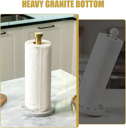 Koville Paper Towel Holder Countertop, Standing Paper Roll Holder with 6" Weighted Marble Base, Stone Paper Towel Holder with Gold Stainless Steel Rod for Kitchen Bathroom (River White)