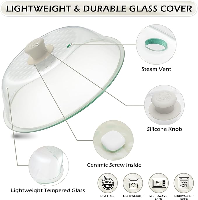 OEC Lighter Weight Tempered Glass Microwave Splatter Cover - 10 inch (Inner Diameter 8.7”) - Heat-Resistant - Durable Glass Lid with Vent, Silicone Knob, Dishwasher Safe, 100% Food Grade - BPA Free - Image 3