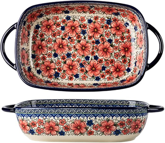 Vintage Style Pottery Bakeware Ceramic Casserole Dish Baking Pan Lasagna Pans Baking Dish with Handles for Oven/Cooking/Kitchen-1 PCS, Large Capacity, 60 OZ by Bicuzat
