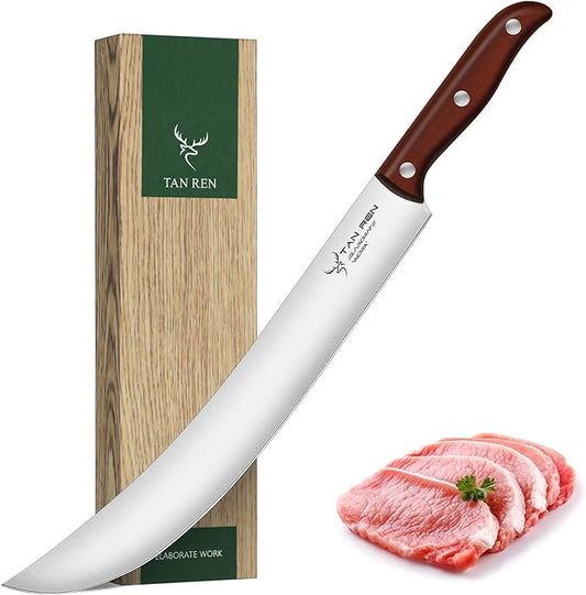 TAN REN Butcher Brisket Knife for Meat Carving, 12 Inch Cimeter Meat Slicing Knife with Wood Handle, Full Tang Breaking Knives for BBQ and Turkey