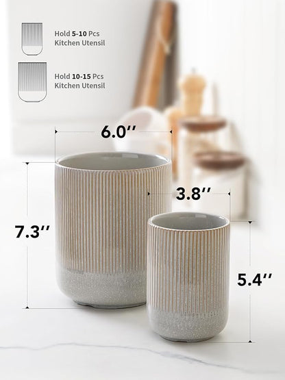 LE TAUCI Utensil Holder for Kitchen Counter, 7.3"+5.4" Fluted Ceramic Utensil Crock Organizer for Countertop, Heavy Large Holder for Spatulas, Spoons, Set of 2, Gray Marble - Image 5