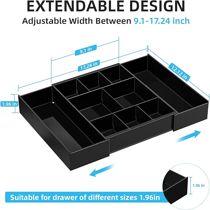 Marbrasse Expandable Desk Drawer Organizer, Clear Plastic Drawer Organizer Tray with 10 Adjustable Compartments, Desk Organizers and Accessories, 5 Drawer Dividers for Office Supplies, Makeup(Black) - Image 2