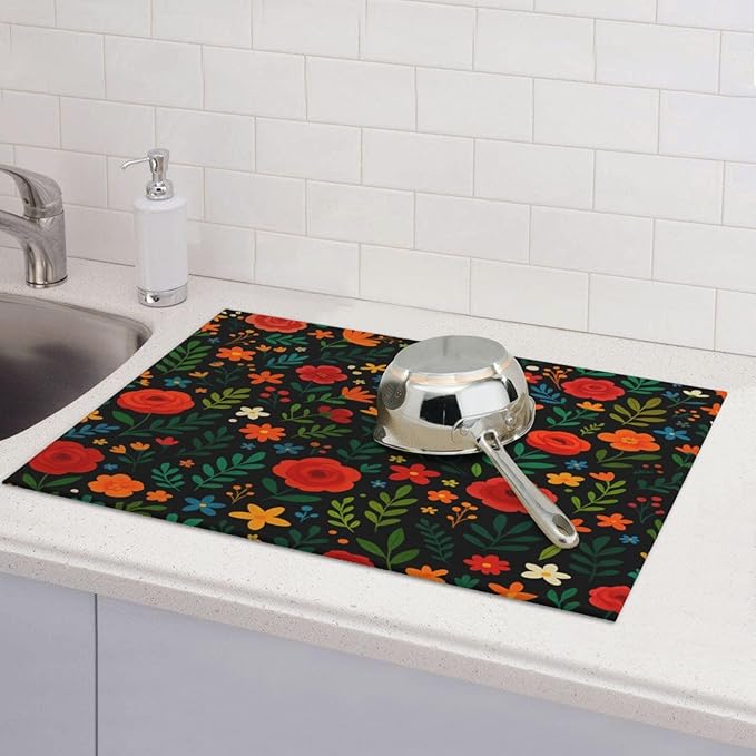 Garden wildflowers Dish Drying Mats for Kitchen Counter, Large 18"x24" Dish Mats for Drying Dishes, Microfiber Absorbent Dish Drying Pad Rack Mat Kitchen Decor Reusable Washable