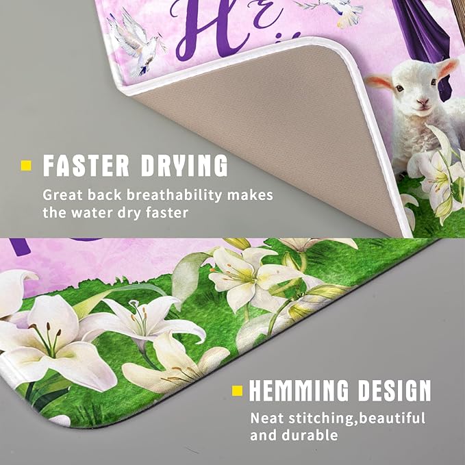 Giwawa Easter Purple Dish Drying Mat, He is Risen Cross Lamb Floral Dish Drainer Mats, Spring Lily Flowers Reversible Dish Drying Rack Pad Protector for Kitchen Countertop Decor, 16"x18"