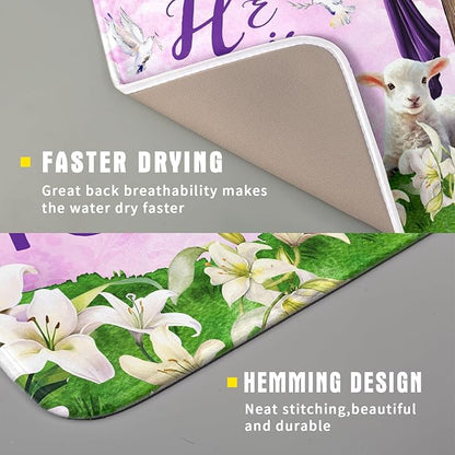 Giwawa Easter Purple Dish Drying Mat, He is Risen Cross Lamb Floral Dish Drainer Mats, Spring Lily Flowers Reversible Dish Drying Rack Pad Protector for Kitchen Countertop Decor, 16"x18"