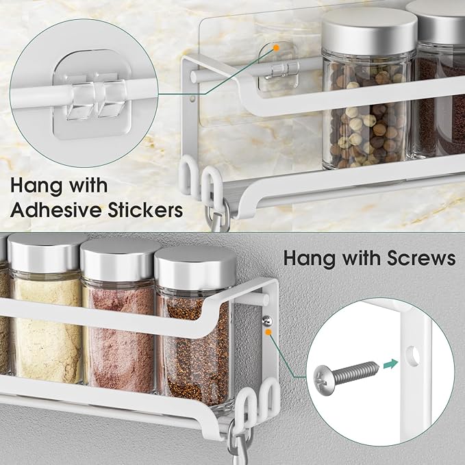 LUCYCAZ 4 Pack Wall Mounted Spice Rack with 16 Hooks, Spice Organizer Shelf for Stove Cabinet Pantry Door,Screw or Adhesive Spice Shelf Hanging Wall Spice Rack in Kitchen and RV (White, 4 PACK) - Image 6