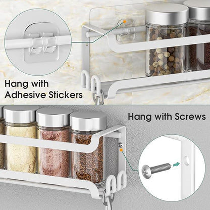 LUCYCAZ 4 Pack Wall Mounted Spice Rack with 16 Hooks, Spice Organizer Shelf for Stove Cabinet Pantry Door,Screw or Adhesive Spice Shelf Hanging Wall Spice Rack in Kitchen and RV (White, 4 PACK) - Image 6
