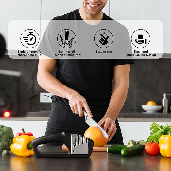 HOTEC 4in1 Knife Sharpener, 3 Stage Manual Sharpener for Sharpening Kitchen Knives 1 Stage for Scissors- Ceramic Stone, Tungsten Carbide Plates, Diamond rods - Image 4