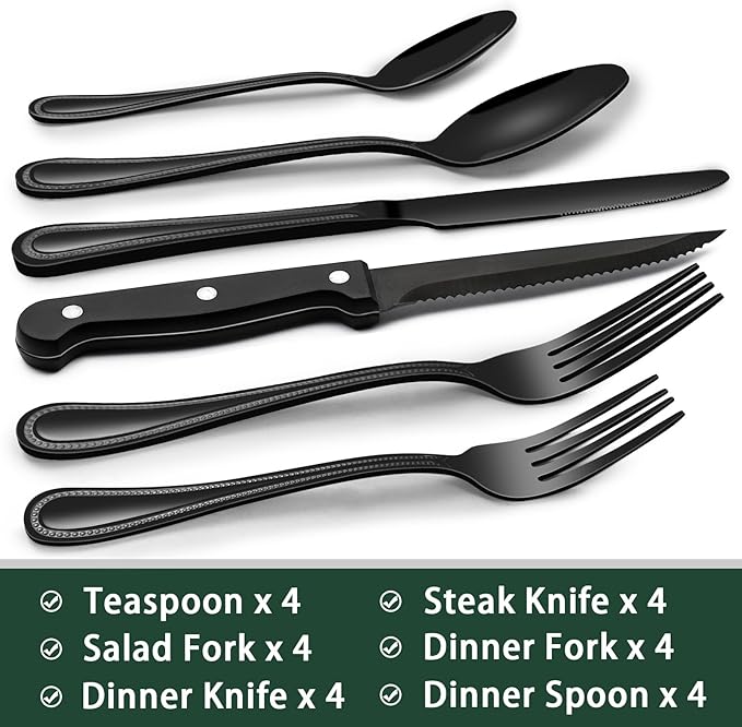 EWFEN 24-Piece Black Silverware Set with Steak Knives, Black Flatware Set for 4, Food-Grade Stainless Steel Tableware Cutlery Set, Mirror Finished Utensil Sets for Home Restaurant, Pearled Edge - Image 2
