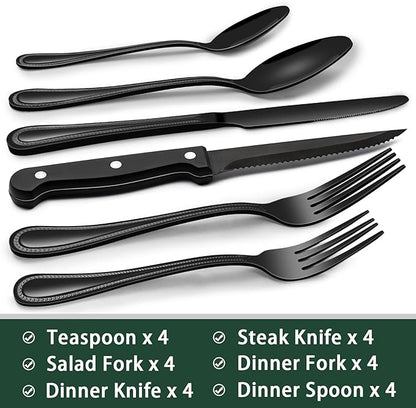 EWFEN 24-Piece Black Silverware Set with Steak Knives, Black Flatware Set for 4, Food-Grade Stainless Steel Tableware Cutlery Set, Mirror Finished Utensil Sets for Home Restaurant, Pearled Edge - Image 2